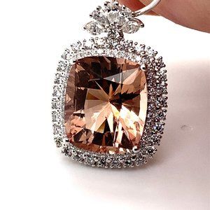 Morganite 13.30ct Natural Diamonds Solid 18K White Gold Pendant